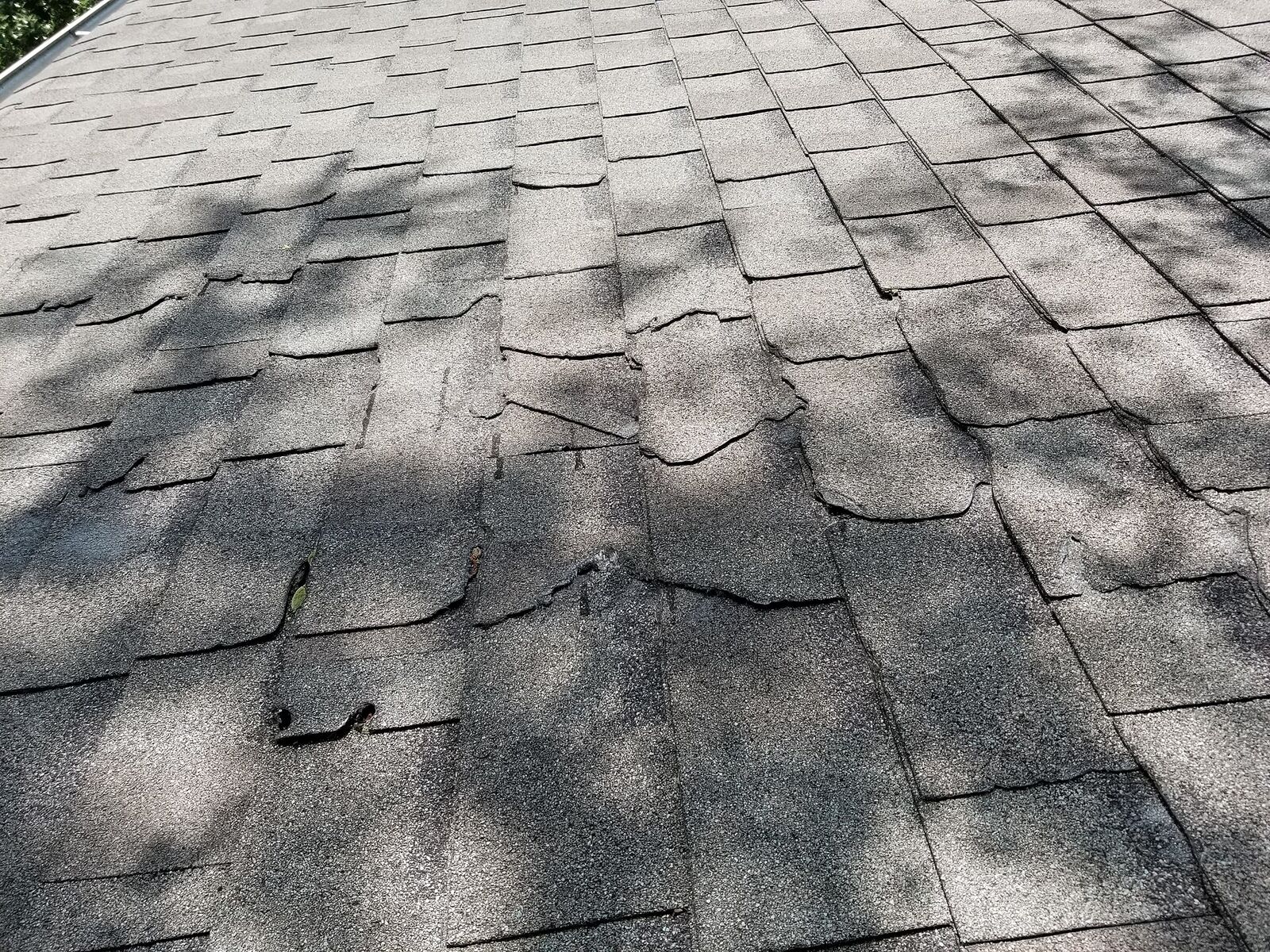 Close-up of cracked and torn asphalt shingles on a roof slope